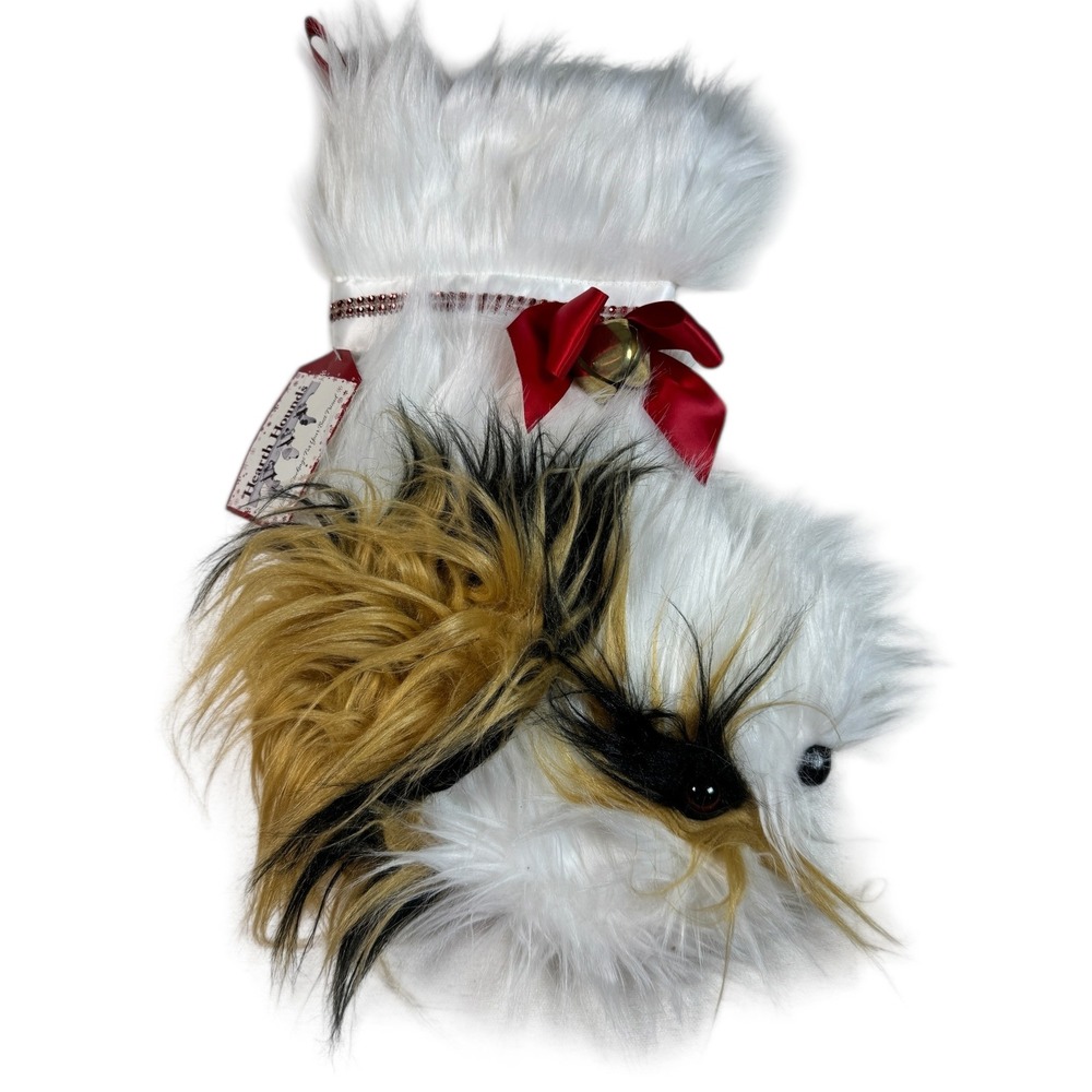 Hearth Hounds Shih Tzu Dog Christmas Holiday Stocking Faux Fur Red Bow Bell NWT
